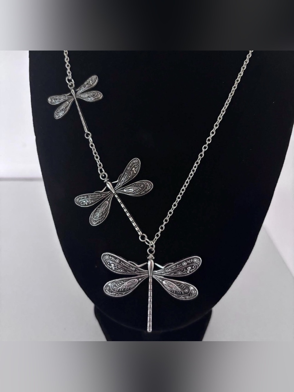New Silver Three Dragonfly Pendant Necklace 24” length